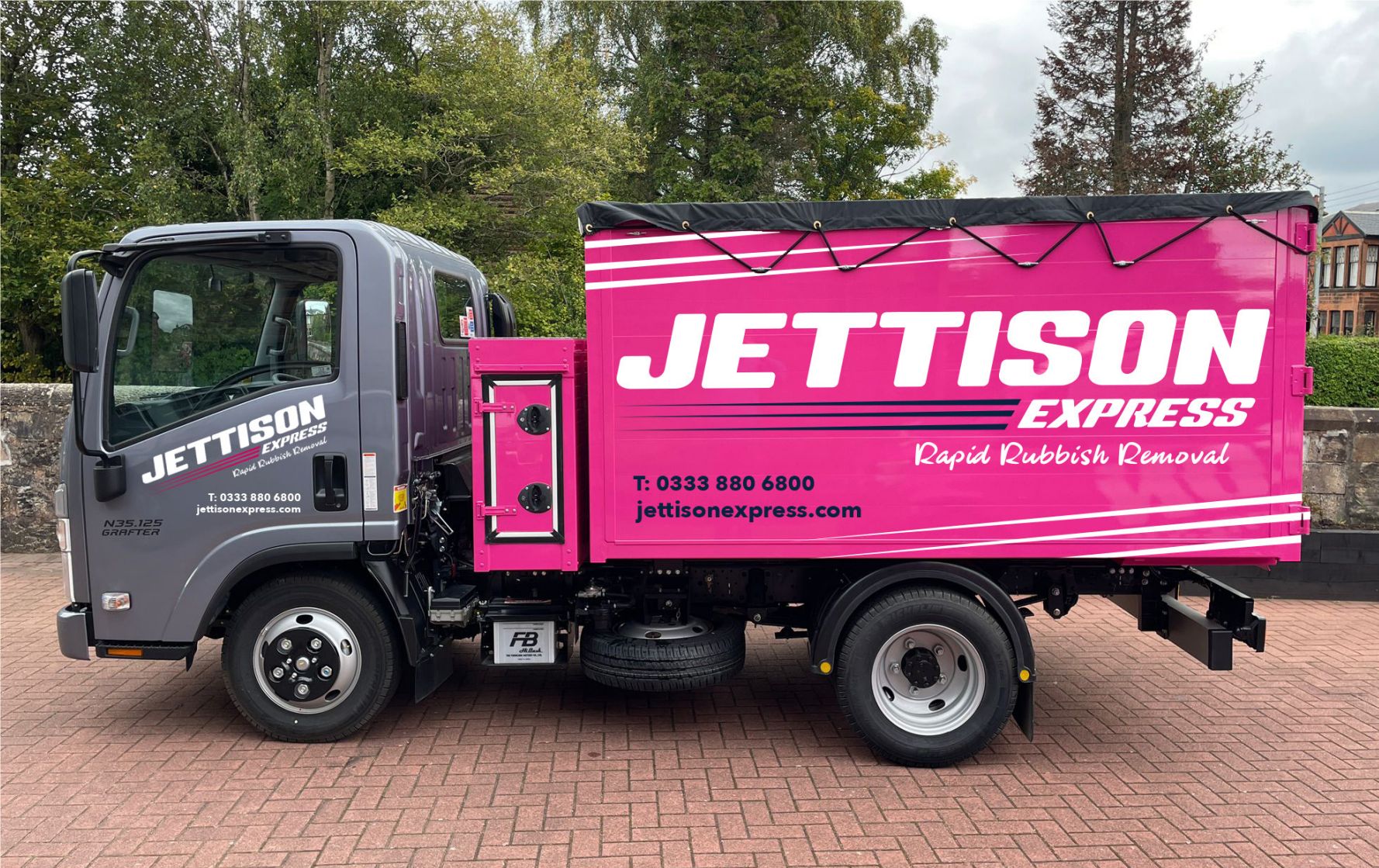 Jettison Express pink rapid rubbish removal lorry